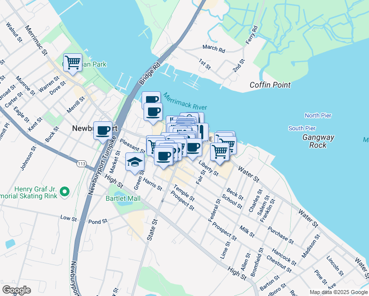 map of restaurants, bars, coffee shops, grocery stores, and more near 22 Market Square in Newburyport