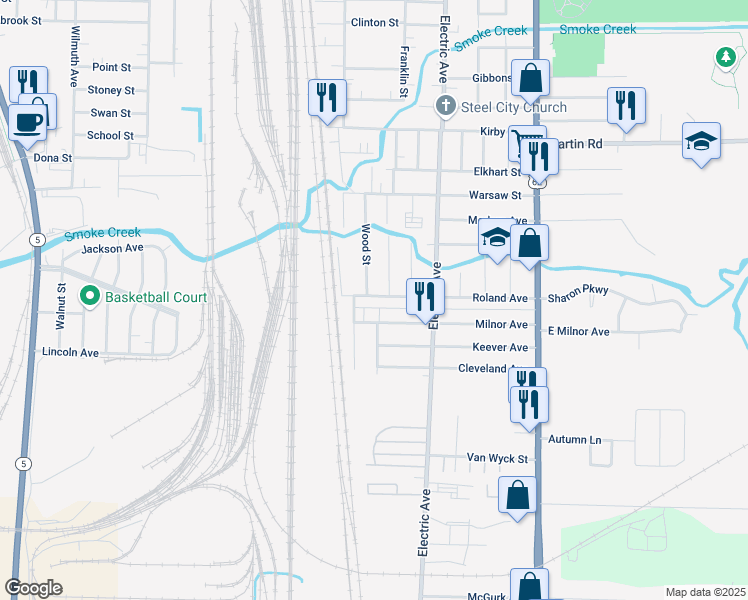map of restaurants, bars, coffee shops, grocery stores, and more near 39 Roland Avenue in Lackawanna