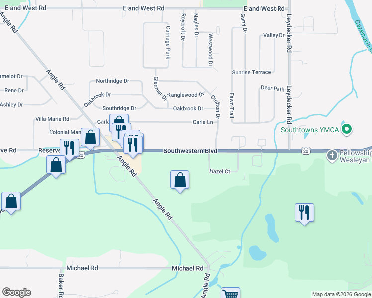 map of restaurants, bars, coffee shops, grocery stores, and more near 1200 U.S. 20 in West Seneca
