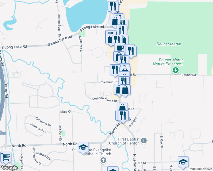 map of restaurants, bars, coffee shops, grocery stores, and more near 111 Trealout Drive in Fenton