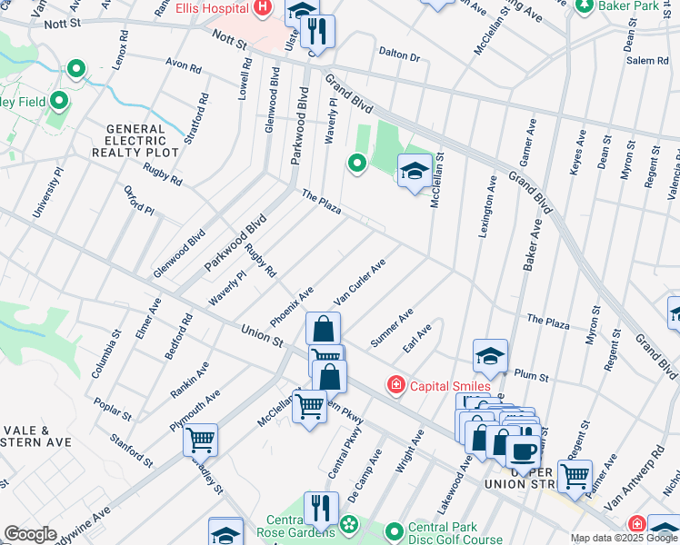 map of restaurants, bars, coffee shops, grocery stores, and more near 1154 Phoenix Avenue in Schenectady