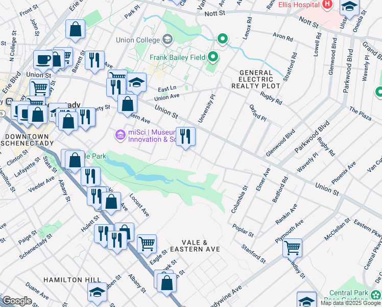 map of restaurants, bars, coffee shops, grocery stores, and more near 828 Eastern Avenue in Schenectady