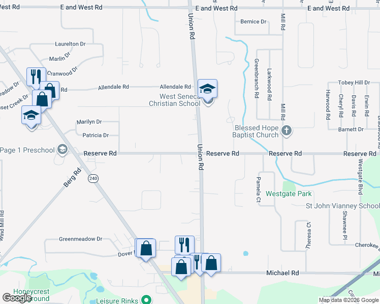 map of restaurants, bars, coffee shops, grocery stores, and more near 264 Reserve Road in West Seneca