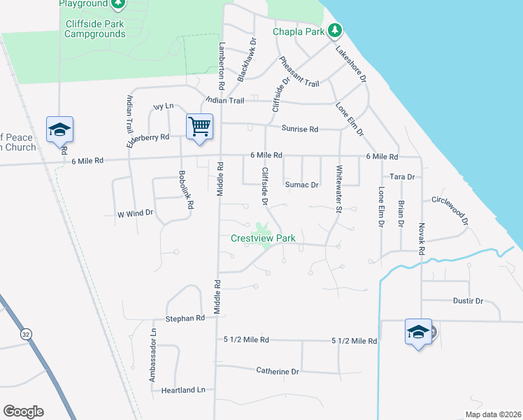 map of restaurants, bars, coffee shops, grocery stores, and more near 6820 Cliffside Drive in Racine
