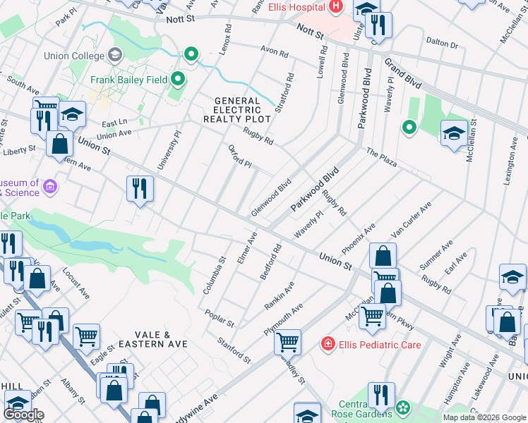 map of restaurants, bars, coffee shops, grocery stores, and more near 1032 Glenwood Boulevard in Schenectady