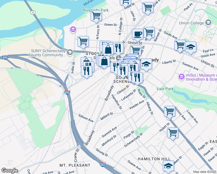 map of restaurants, bars, coffee shops, grocery stores, and more near 234 Broadway in Schenectady
