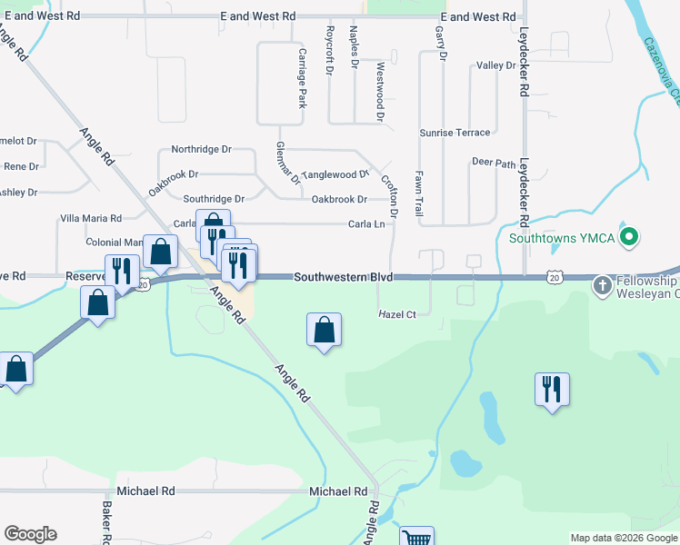 map of restaurants, bars, coffee shops, grocery stores, and more near 1200 U.S. 20 in West Seneca
