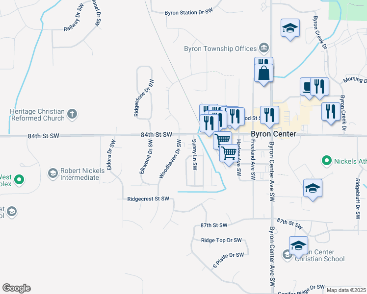 map of restaurants, bars, coffee shops, grocery stores, and more near 8446 Woodhaven Drive Southwest in Byron Center