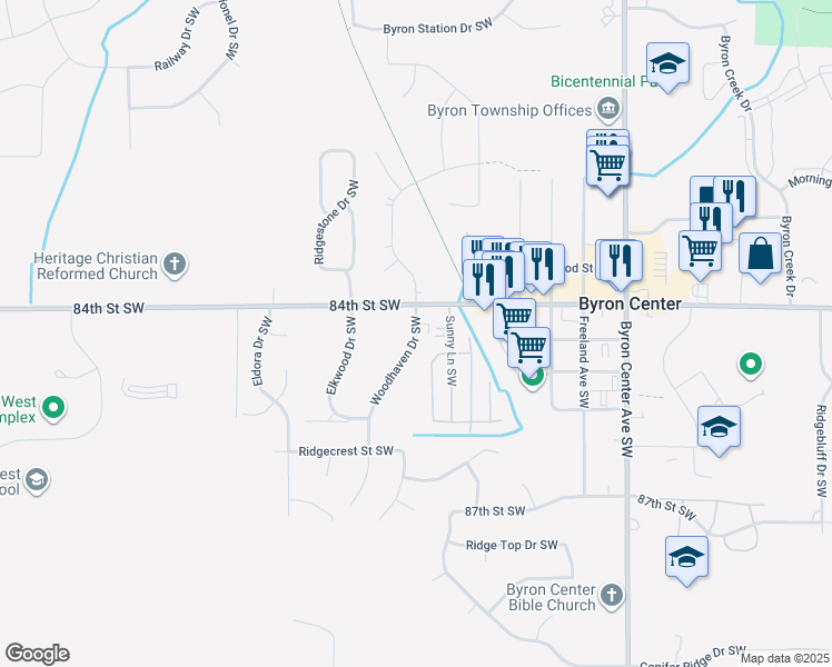 map of restaurants, bars, coffee shops, grocery stores, and more near 8446 Woodhaven Drive Southwest in Byron Center