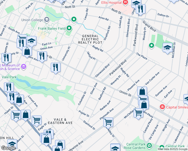 map of restaurants, bars, coffee shops, grocery stores, and more near 1007 Glenwood Boulevard in Schenectady