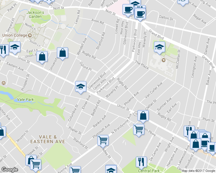 map of restaurants, bars, coffee shops, grocery stores, and more near 1056 Parkwood Boulevard in Schenectady