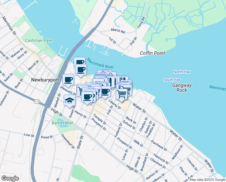 map of restaurants, bars, coffee shops, grocery stores, and more near 1 Center Street in Newburyport