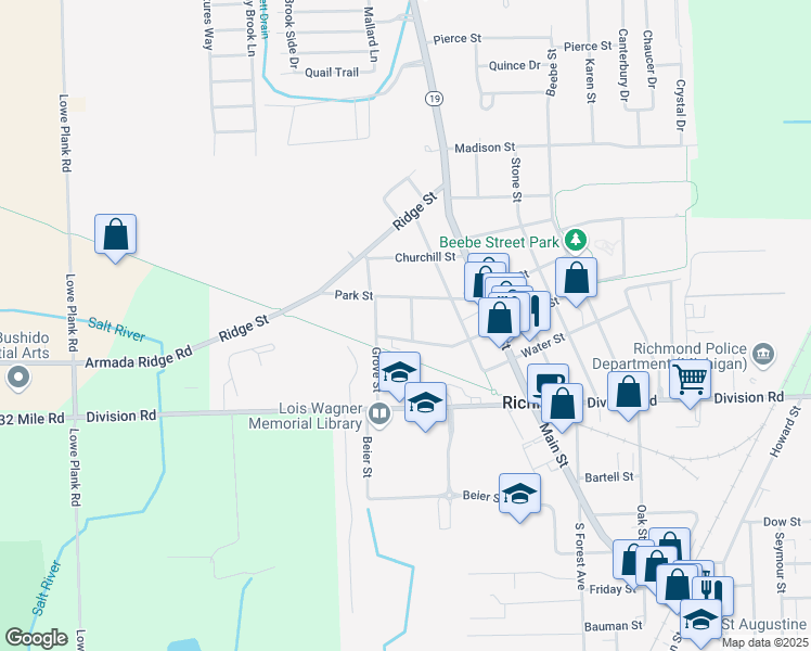map of restaurants, bars, coffee shops, grocery stores, and more near 69345 Walnut Street in Richmond