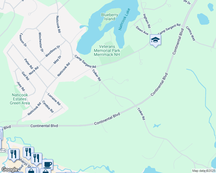 map of restaurants, bars, coffee shops, grocery stores, and more near 16 Tinker Road in Merrimack