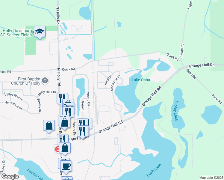map of restaurants, bars, coffee shops, grocery stores, and more near Mona Loa Drive in Holly