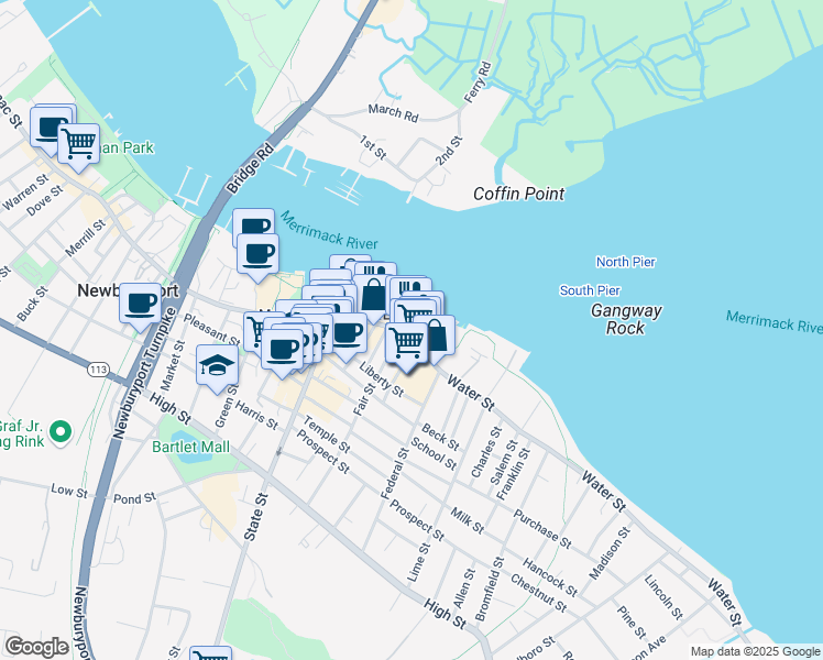 map of restaurants, bars, coffee shops, grocery stores, and more near 55 Water Street in Newburyport
