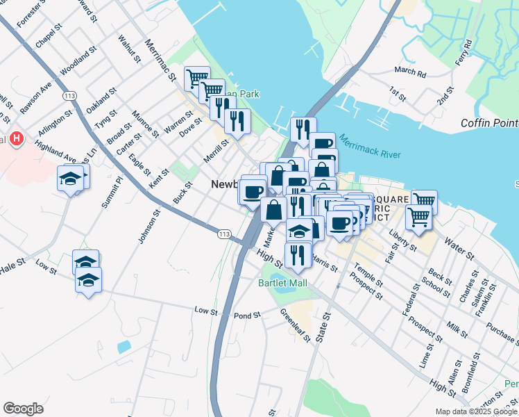 map of restaurants, bars, coffee shops, grocery stores, and more near Winter Street in Newburyport