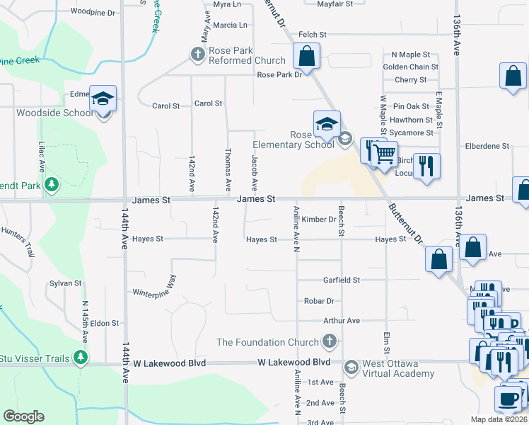 map of restaurants, bars, coffee shops, grocery stores, and more near 451 Pine Wood Court in Holland