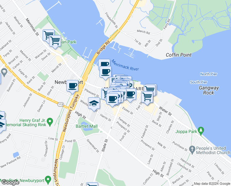 map of restaurants, bars, coffee shops, grocery stores, and more near 3 Merrimac Street in Newburyport