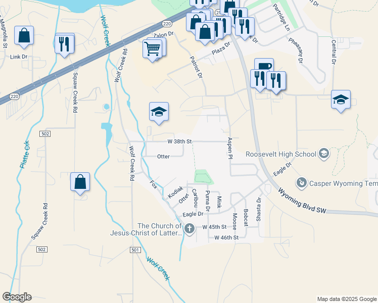 map of restaurants, bars, coffee shops, grocery stores, and more near 3851 Otter in Casper