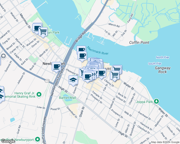 map of restaurants, bars, coffee shops, grocery stores, and more near 3 Merrimac Street in Newburyport