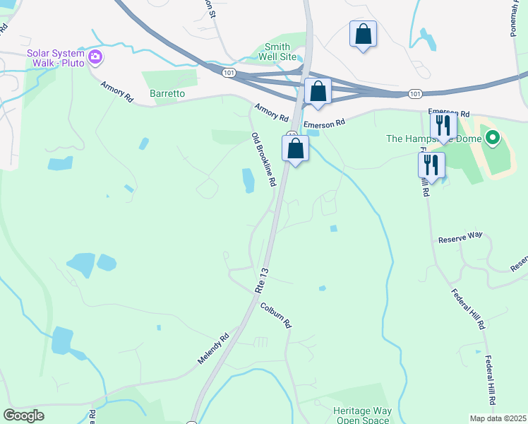 map of restaurants, bars, coffee shops, grocery stores, and more near 77 Old Brookline Road in Milford