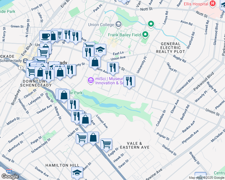 map of restaurants, bars, coffee shops, grocery stores, and more near 121 Prospect Street in Schenectady