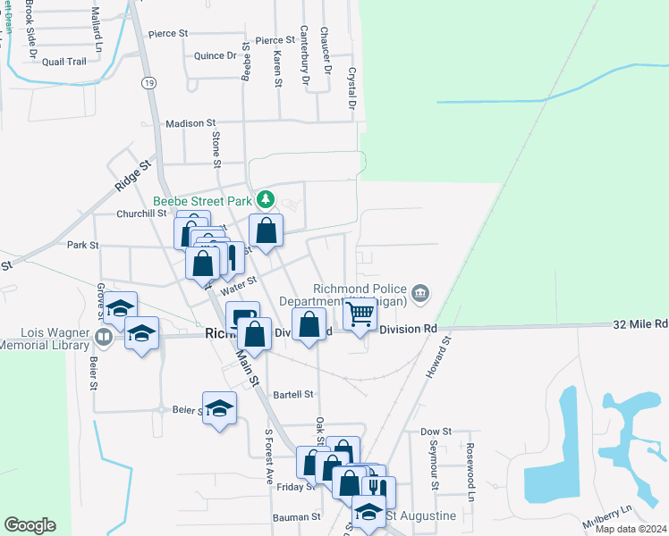 map of restaurants, bars, coffee shops, grocery stores, and more near 69258 Emma Drive in Richmond