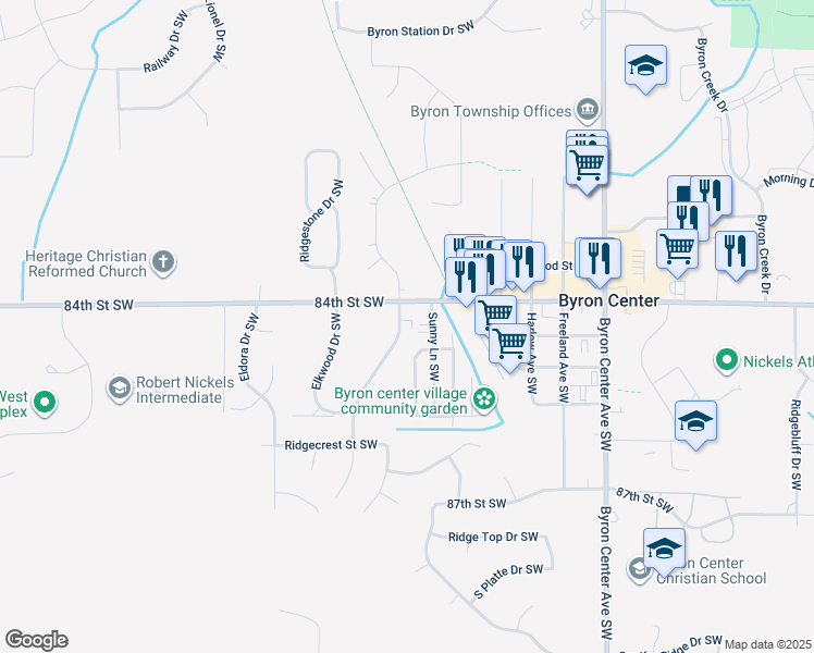 map of restaurants, bars, coffee shops, grocery stores, and more near 8446 Woodhaven Drive Southwest in Byron Center
