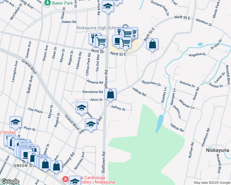 map of restaurants, bars, coffee shops, grocery stores, and more near 1347 Van Antwerp Road in Schenectady County