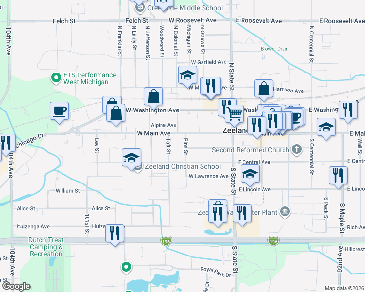 map of restaurants, bars, coffee shops, grocery stores, and more near 28 Pine Street in Zeeland