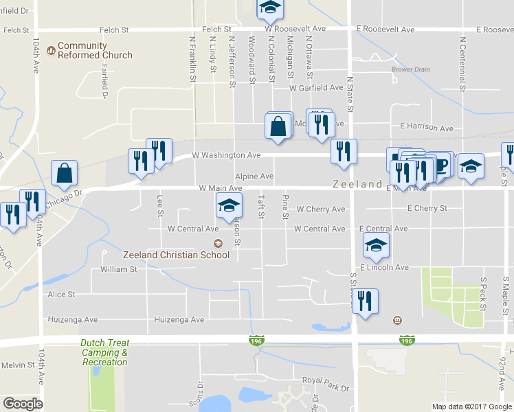 map of restaurants, bars, coffee shops, grocery stores, and more near 30 Taft Street in Zeeland