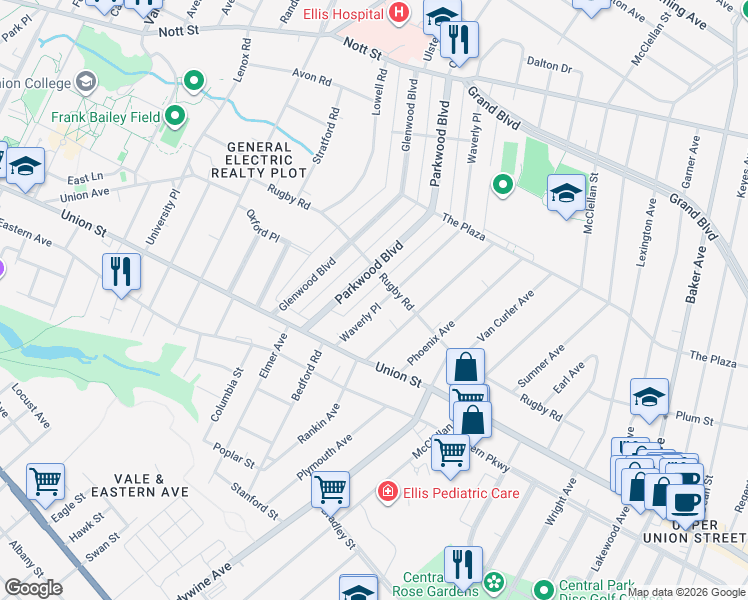 map of restaurants, bars, coffee shops, grocery stores, and more near 1075 Waverly Place in Schenectady