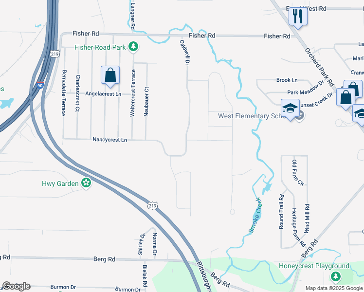 map of restaurants, bars, coffee shops, grocery stores, and more near 111 Caldwell Drive in West Seneca
