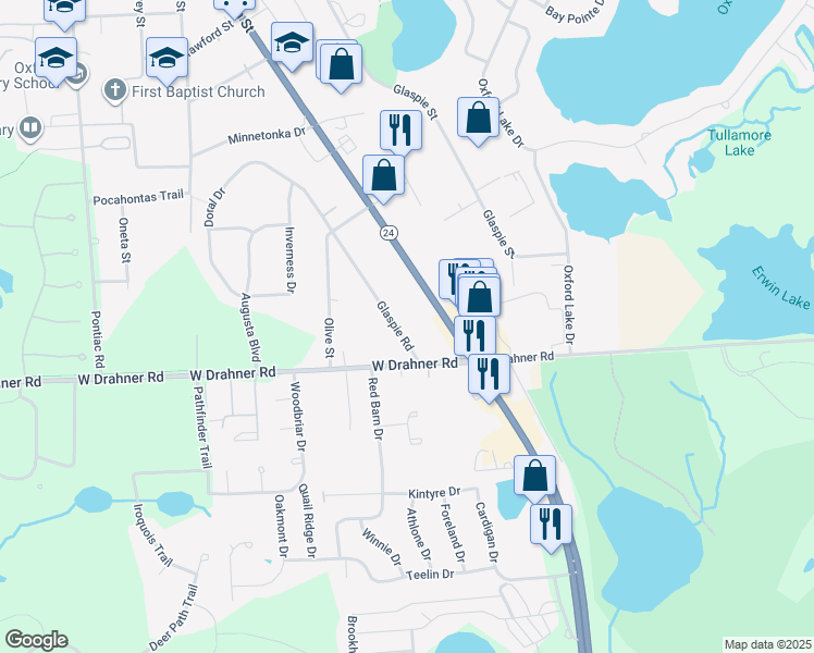 map of restaurants, bars, coffee shops, grocery stores, and more near 841 Glaspie Road in Oxford