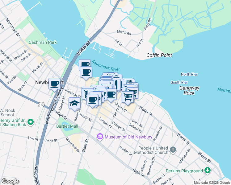map of restaurants, bars, coffee shops, grocery stores, and more near 1 Center Street in Newburyport