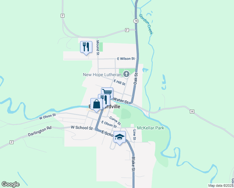 map of restaurants, bars, coffee shops, grocery stores, and more near 108 E Church St in Blanchardville