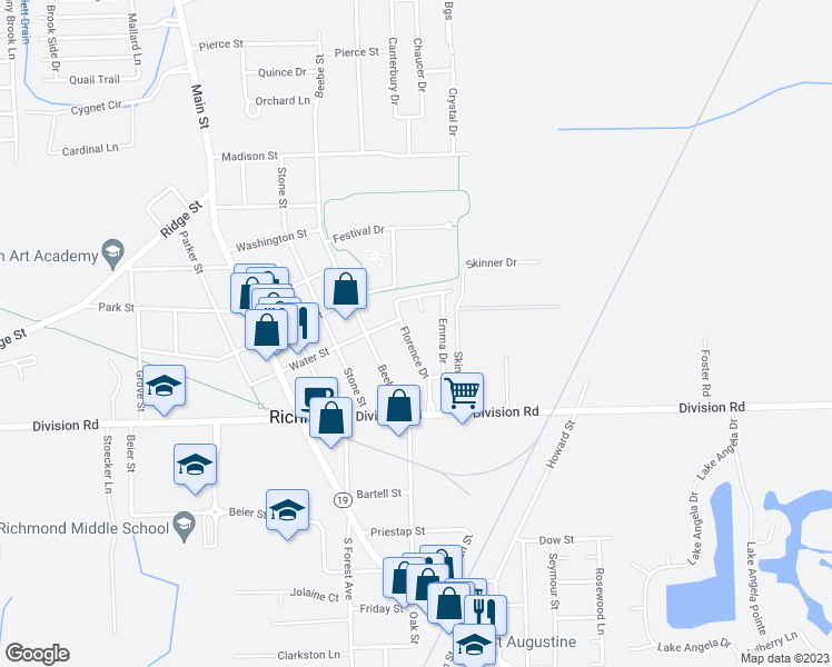 map of restaurants, bars, coffee shops, grocery stores, and more near 69144 Florence Drive in Richmond