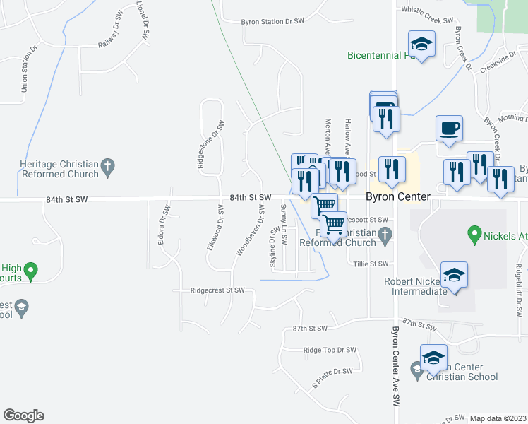 map of restaurants, bars, coffee shops, grocery stores, and more near 8446 Woodhaven Drive Southwest in Byron Center
