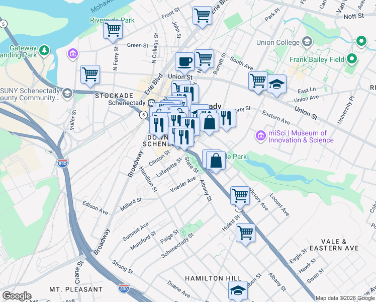 map of restaurants, bars, coffee shops, grocery stores, and more near State Street & Lafayette Street in Schenectady