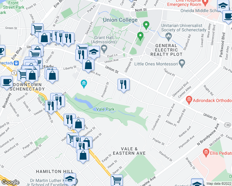 map of restaurants, bars, coffee shops, grocery stores, and more near 107 Degraff Street in Schenectady