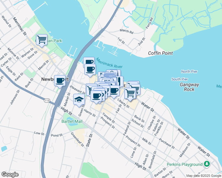 map of restaurants, bars, coffee shops, grocery stores, and more near 14 Market Square in Newburyport