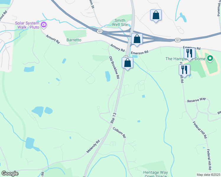 map of restaurants, bars, coffee shops, grocery stores, and more near 77 Old Brookline Road in Milford