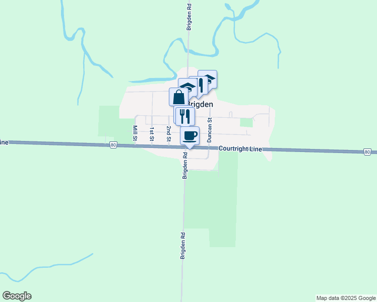 map of restaurants, bars, coffee shops, grocery stores, and more near 2403 Courtright Line in Brigden