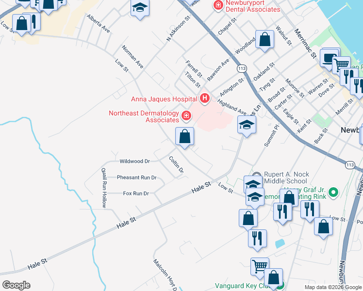 map of restaurants, bars, coffee shops, grocery stores, and more near 130 Low Street in Newburyport