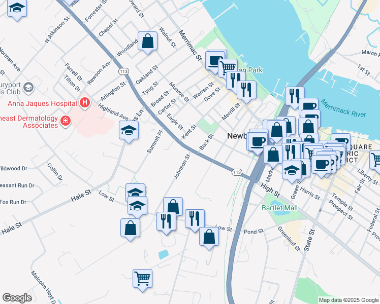 map of restaurants, bars, coffee shops, grocery stores, and more near 211 High Street in Newburyport