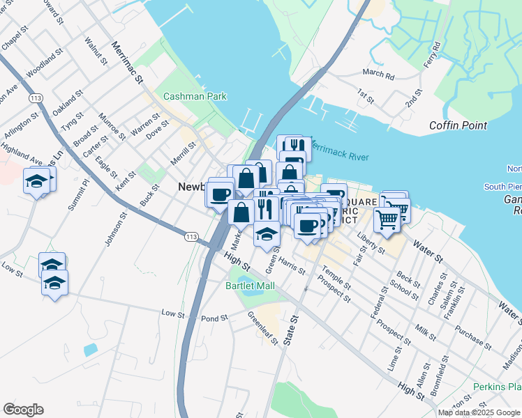 map of restaurants, bars, coffee shops, grocery stores, and more near 11 Titcomb Street in Newburyport