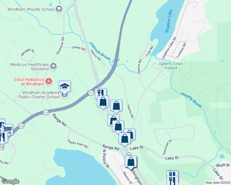 map of restaurants, bars, coffee shops, grocery stores, and more near 24 Rockingham Road in Windham
