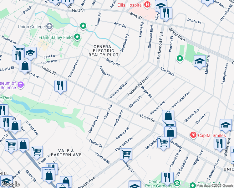 map of restaurants, bars, coffee shops, grocery stores, and more near 1032 Glenwood Boulevard in Schenectady