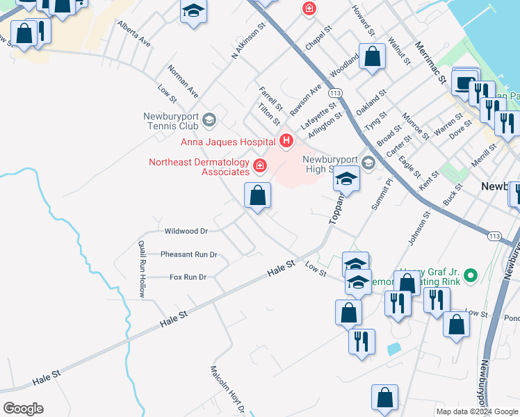 map of restaurants, bars, coffee shops, grocery stores, and more near 128 Low Street in Newburyport